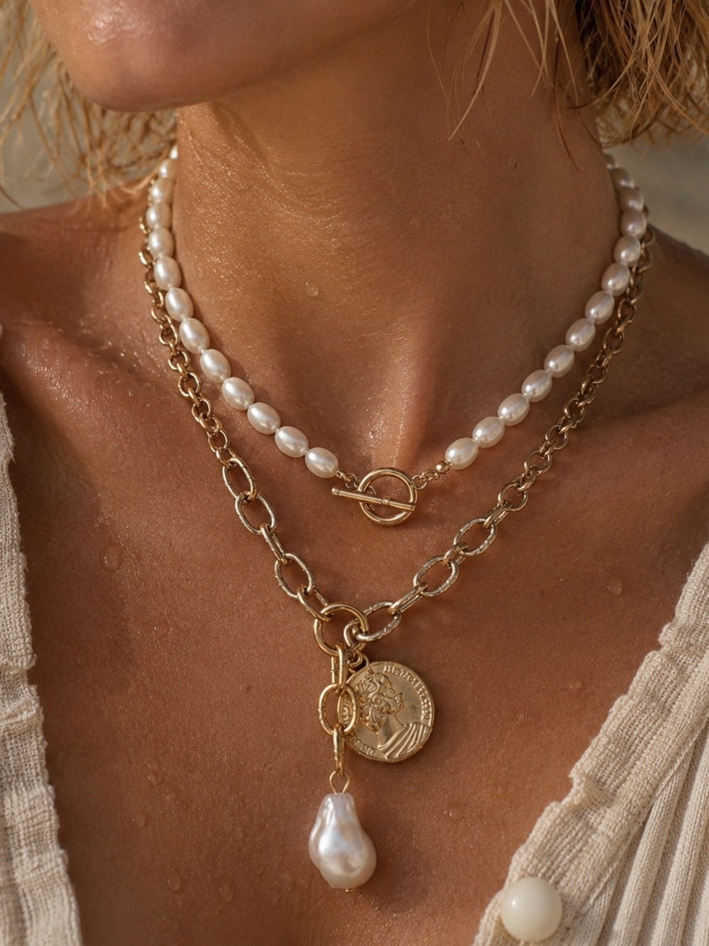 Link Chain Vegan Pearl Layered Necklace (1053)